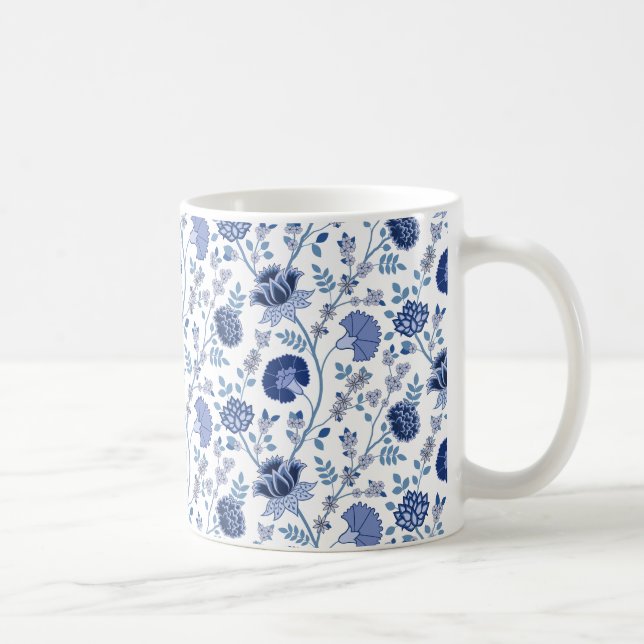 Jacobean Floral Pattern Blues on White Coffee Mug (Right)