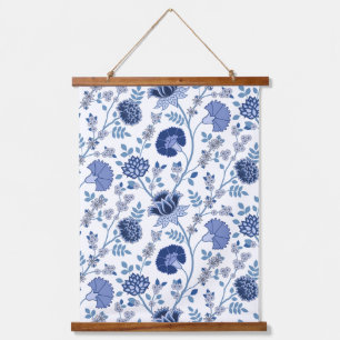 Jacobean Floral Pattern Blues on White Hanging Tapestry