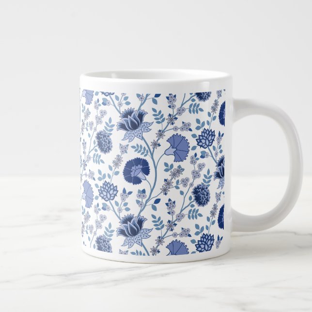 Jacobean Floral Pattern Blues on White Large Coffee Mug (Right)