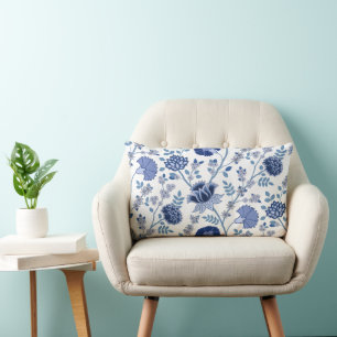 Jacobean Floral Pattern Blues on White Lumbar Cushion