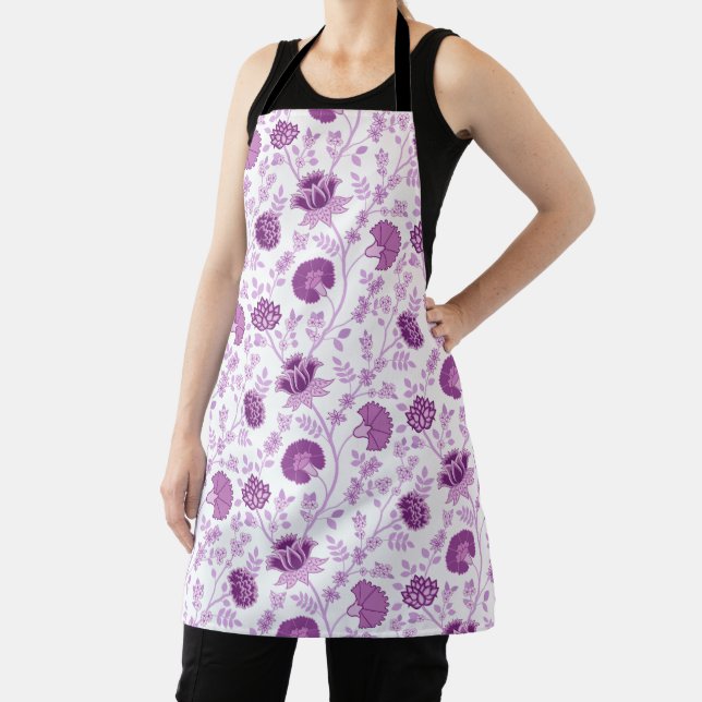 Jacobean Floral Pattern Pinks on White Apron (Insitu)