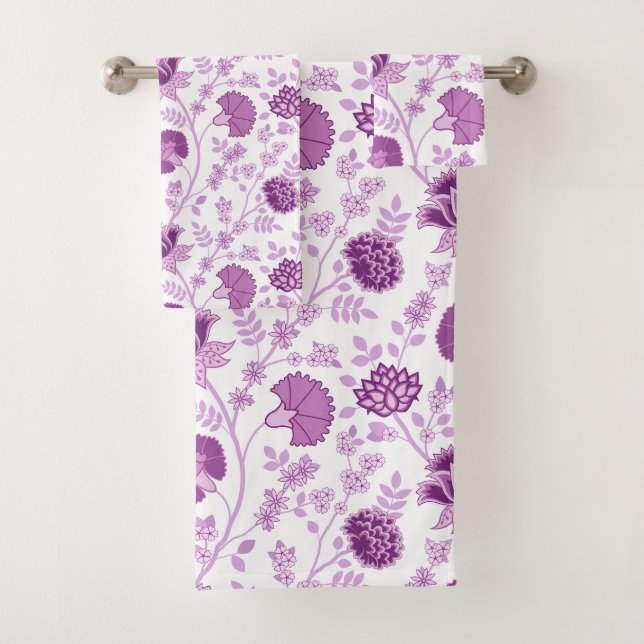 Jacobean Floral Pattern Pinks on White Bath Towel Set (Insitu)