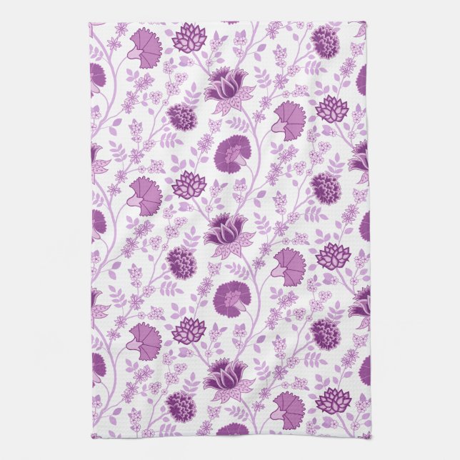 Jacobean Floral Pattern Pinks on White Tea Towel (Vertical)
