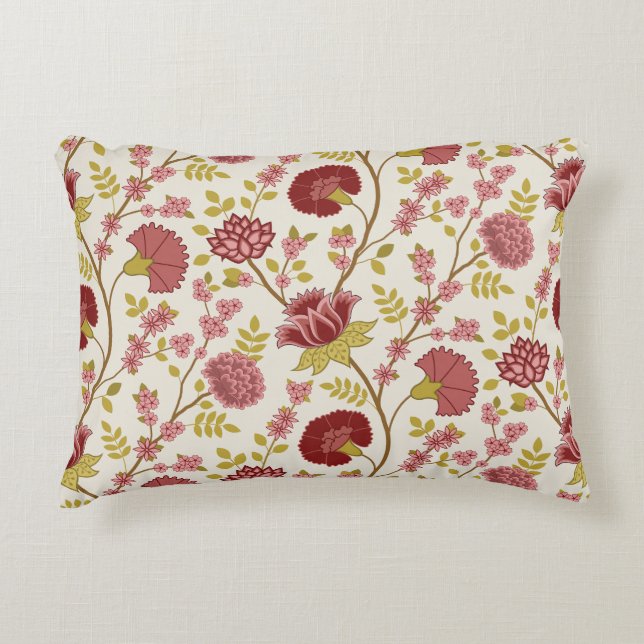 Jacobean Floral Pattern Reds Pinks Gold Cream Decorative Cushion (Front)