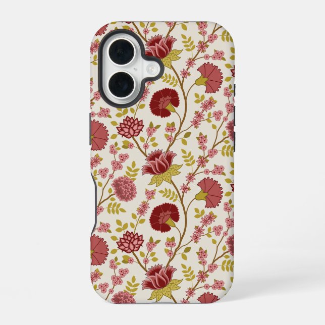 Jacobean Floral Pattern Reds Pinks Gold Cream iPhone 16 Case (Back)