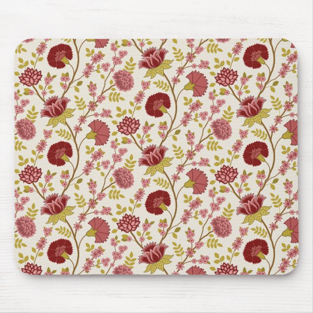 Jacobean Floral Pattern Reds Pinks Gold Cream Mouse Mat (Front)