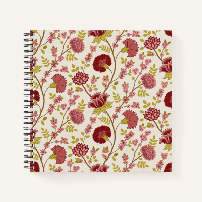 Jacobean Floral Pattern Reds Pinks Gold Cream Notebook (Front)