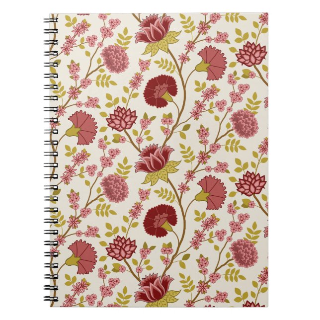 Jacobean Floral Pattern Reds Pinks Gold Cream Notebook (Front)