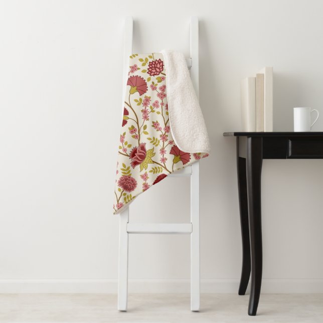 Jacobean Floral Pattern Reds Pinks Gold Cream Sherpa Blanket (In Situ)
