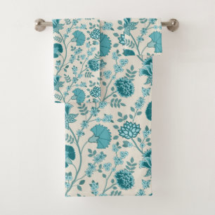 Jacobean Floral Pattern Teals on Cream Bath Towel Set