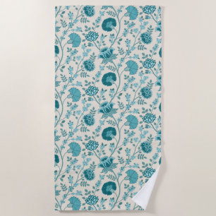 Jacobean Floral Pattern Teals on Cream Beach Towel