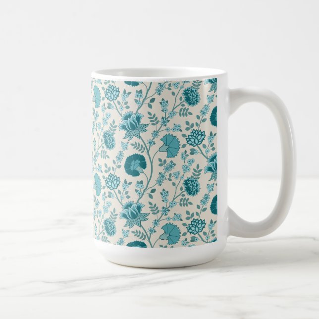 Jacobean Floral Pattern Teals on Cream Coffee Mug (Right)