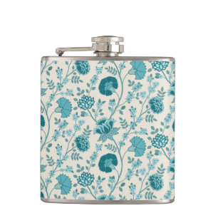 Jacobean Floral Pattern Teals on Cream Hip Flask