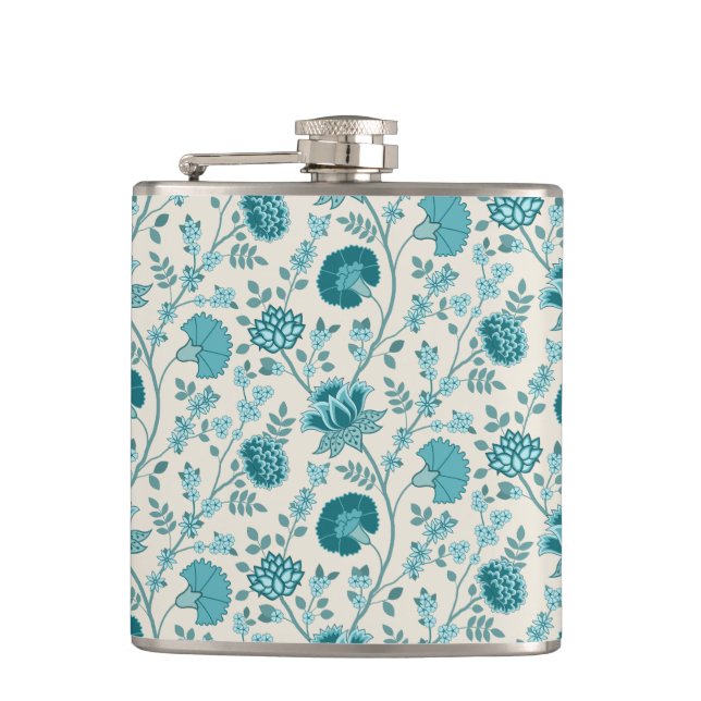 Jacobean Floral Pattern Teals on Cream Hip Flask (Front)