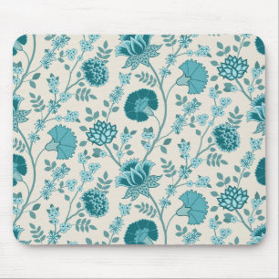 Jacobean Floral Pattern Teals on Cream Mouse Mat