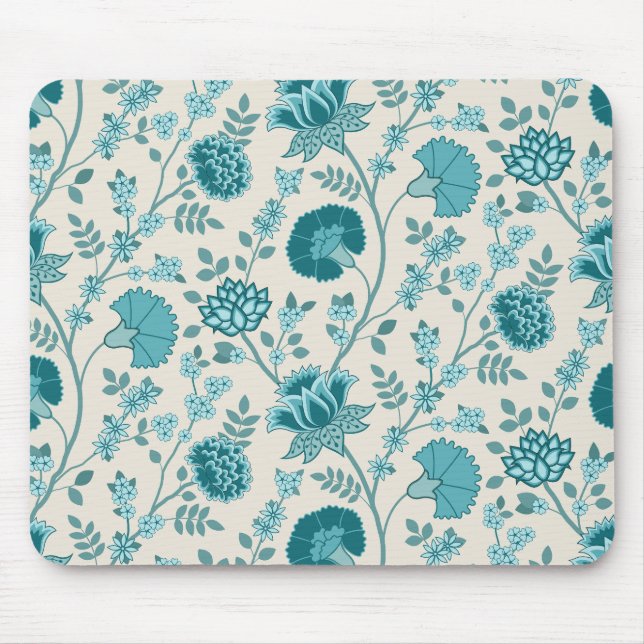 Jacobean Floral Pattern Teals on Cream Mouse Mat (Front)