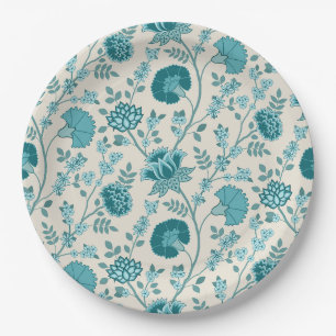 Jacobean Floral Pattern Teals on Cream Paper Plate
