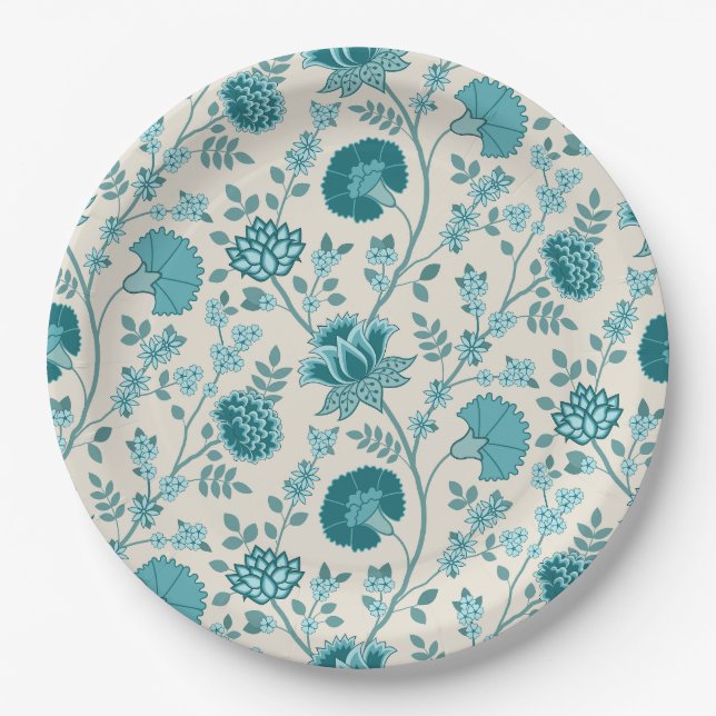 Jacobean Floral Pattern Teals on Cream Paper Plate (Front)