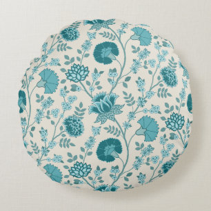 Jacobean Floral Pattern Teals on Cream Round Cushion