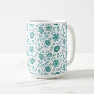Jacobean Floral Pattern Teals on White Coffee Mug
