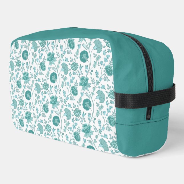 Jacobean Floral Pattern Teals on White Dopp Kit (Left Corner)