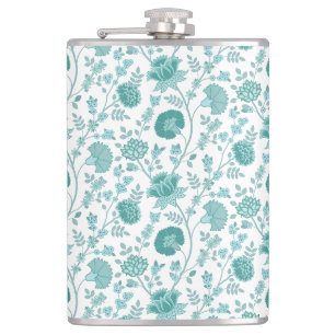 Jacobean Floral Pattern Teals on White Hip Flask