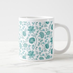 Jacobean Floral Pattern Teals on White Large Coffee Mug