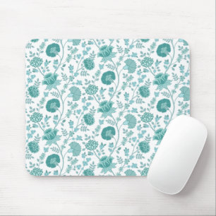 Jacobean Floral Pattern Teals on White Mouse Mat