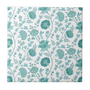 Jacobean Floral Pattern Teals on White Tile