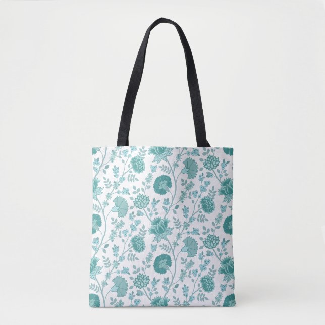 Jacobean Floral Pattern Teals on White Tote Bag (Front)