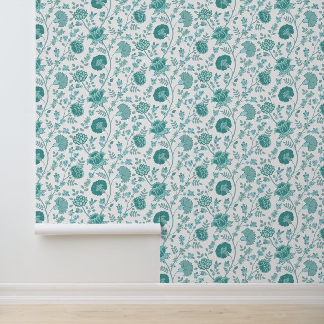 Jacobean Floral Pattern Teals on White Wallpaper (Application)