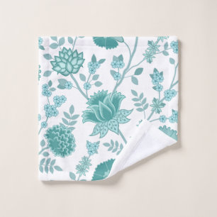Jacobean Floral Pattern Teals on White Wash Cloth