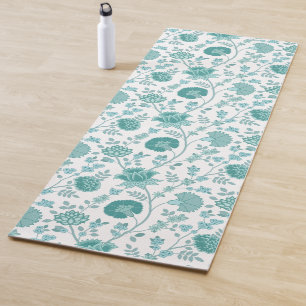 Jacobean Floral Pattern Teals on White Yoga Mat