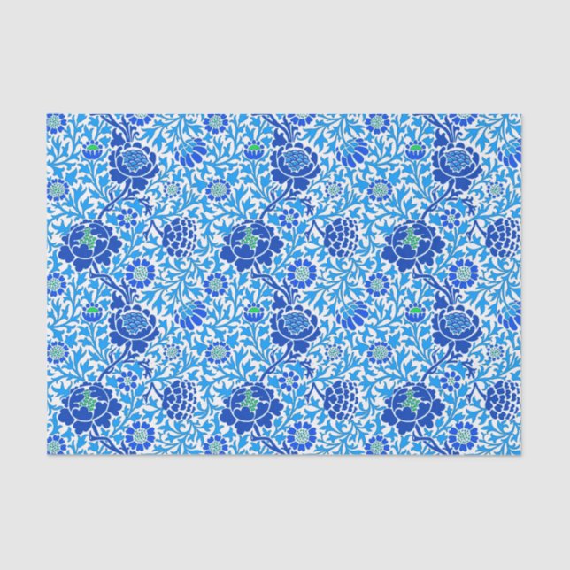 Jacobean Floral Wallpaper, Navy and Cerulean Blue Tissue Paper (Front)