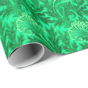 Jacobean Flower Damask, Emerald and Lime Green Wrapping Paper