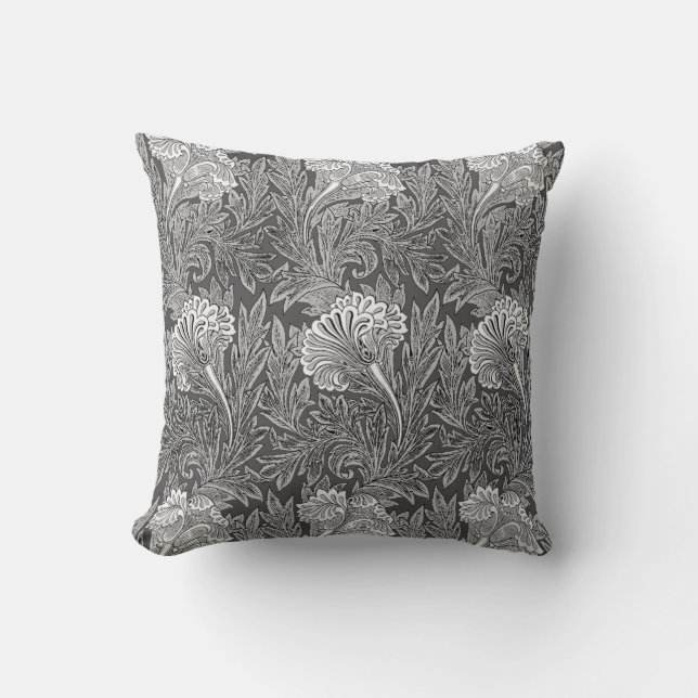 Jacobean Flower Damask, Grey / Grey and White Cushion (Front)