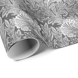 Jacobean Flower Damask, Grey / Grey and White Wrapping Paper