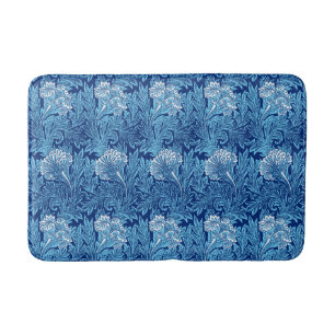 Jacobean Flower Damask, Navy, Sky Blue and White Bath Mat