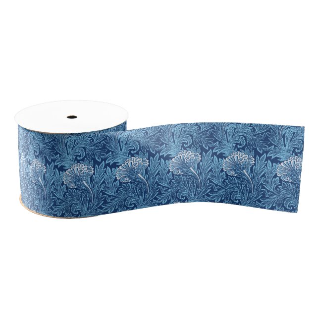 Jacobean Flower Damask, Navy, Sky Blue and White Grosgrain Ribbon (Spool)