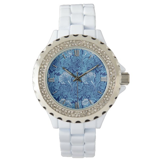 Jacobean Flower Damask, Navy, Sky Blue and White Watch (Front)