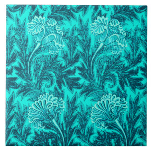 Jacobean Flower Damask, Turquoise and Teal Blue Tile