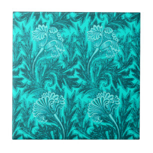 Jacobean Flower Damask, Turquoise Teal and Aqua Tile