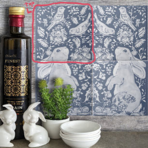 Jacobean Rabbit Birds Denim Blue White Top L Tile