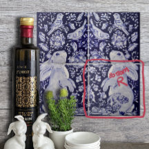 Jacobean Rabbit Birds Flowers Blue White Bottom R