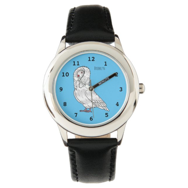 Jacobin pigeon bird cartoon illustration watch (Front)