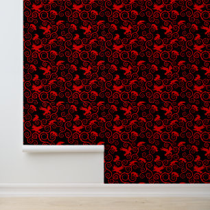 Jacquard Red and Black Raven Victorian Gothic Wallpaper