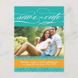 Jade and Orange Damask Save the Date Announcement Postcard