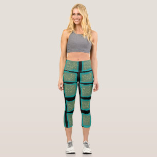 Jade and Turquoise with Gold  Capri Leggings