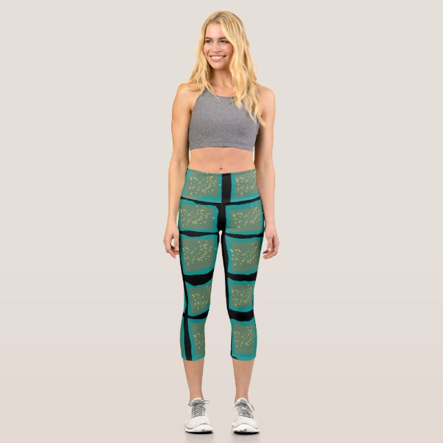 Jade and Turquoise with Gold  Capri Leggings (Front)