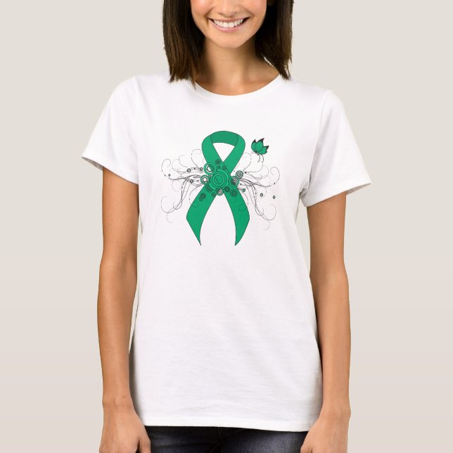 Jade Awareness Ribbon with Butterfly T-Shirt (Front)